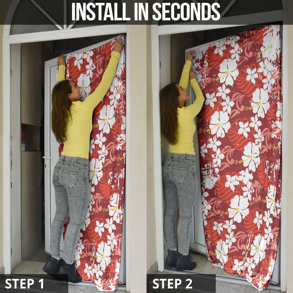 Red Hawaiian Hibiscus Monstera Door Cover Grunge Stylized