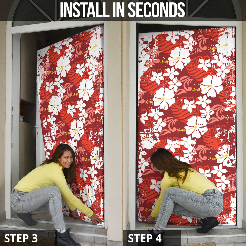 Red Hawaiian Hibiscus Monstera Door Cover Grunge Stylized