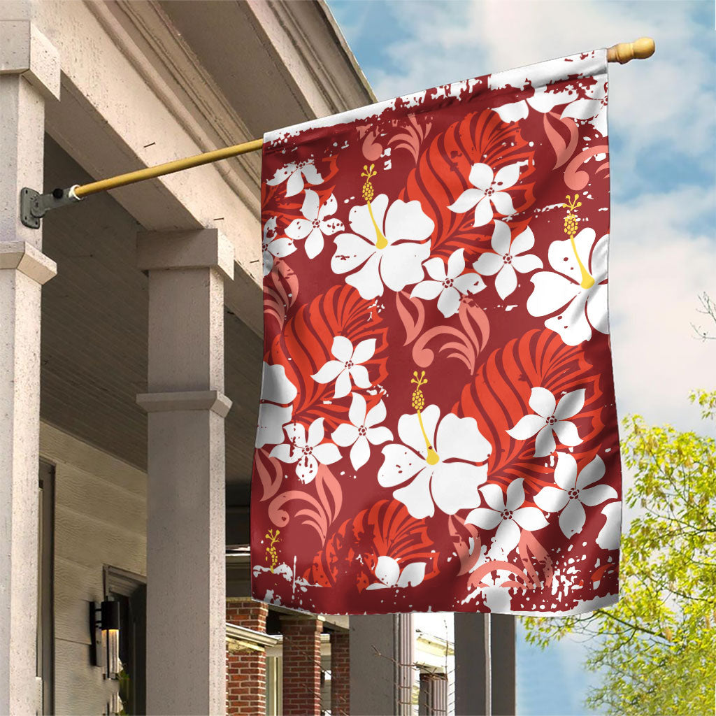 Red Hawaiian Hibiscus Monstera Garden Flag Grunge Stylized LT01 House Flag Red - Polynesian Pride