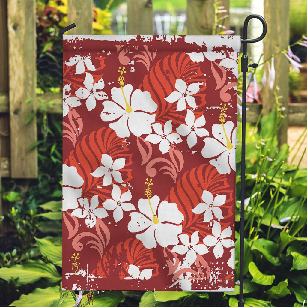 Red Hawaiian Hibiscus Monstera Garden Flag Grunge Stylized LT01 Garden Flag Red - Polynesian Pride