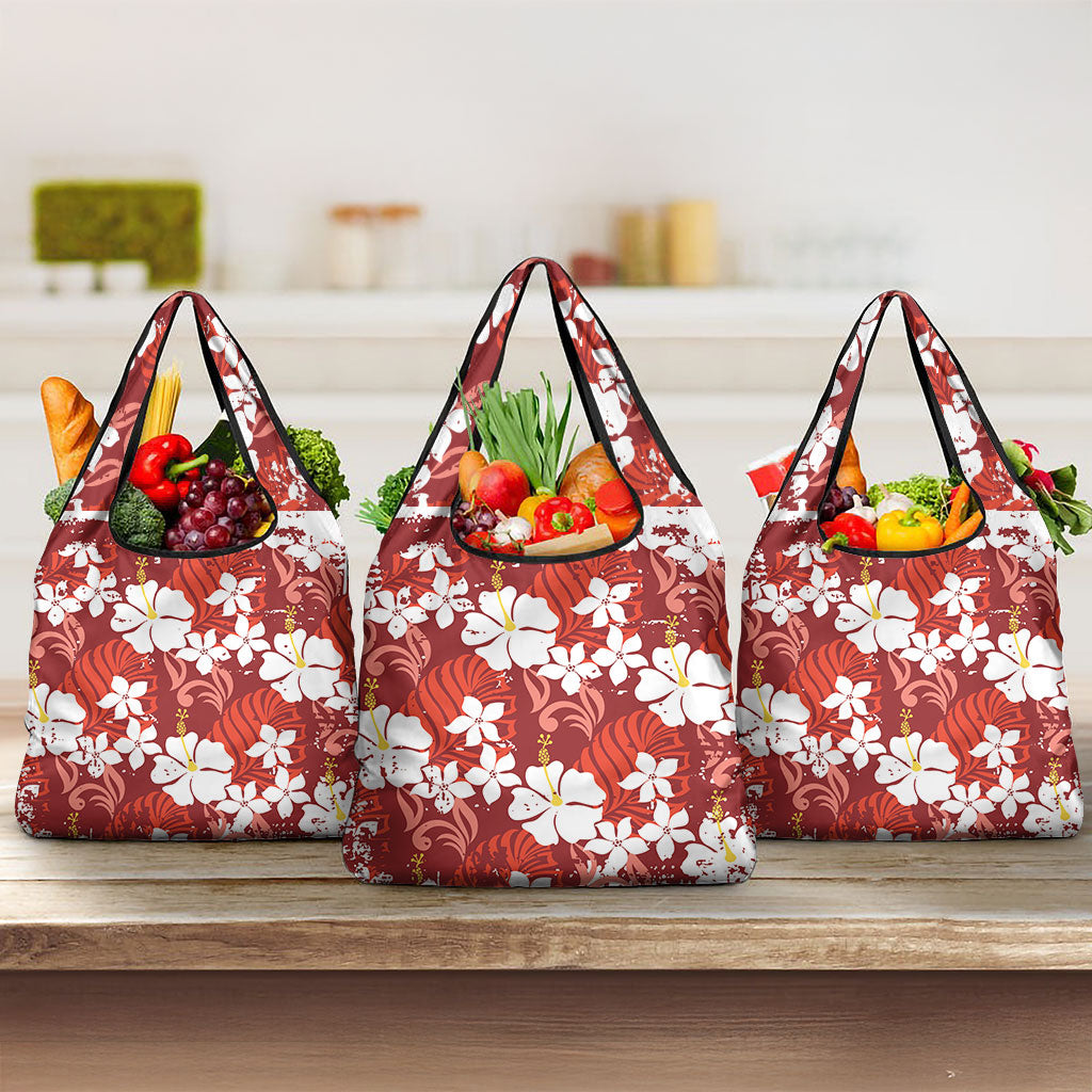 Red Hawaiian Hibiscus Monstera Grocery Bag Grunge Stylized