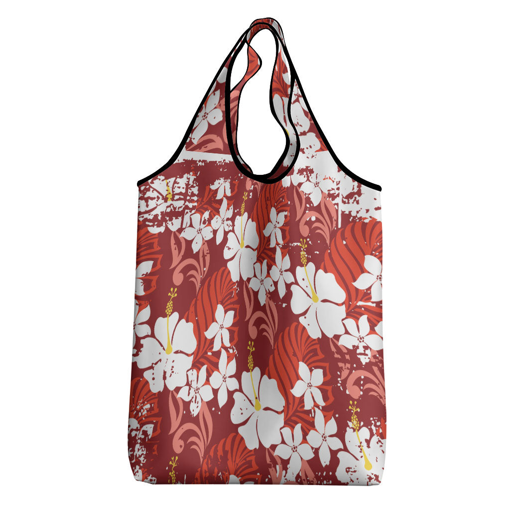 Red Hawaiian Hibiscus Monstera Grocery Bag Grunge Stylized