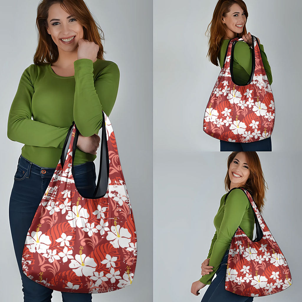 Red Hawaiian Hibiscus Monstera Grocery Bag Grunge Stylized