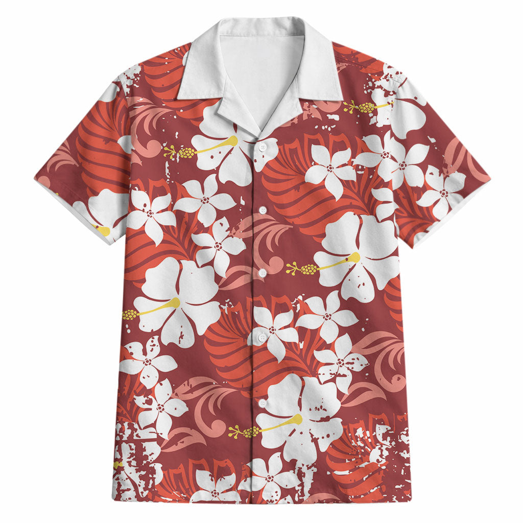 Red Hawaiian Hibiscus Monstera Hawaiian Shirt Grunge Stylized