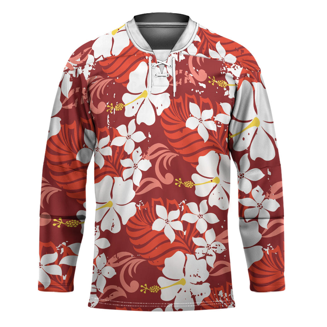 Red Hawaiian Hibiscus Monstera Hockey Jersey Grunge Stylized