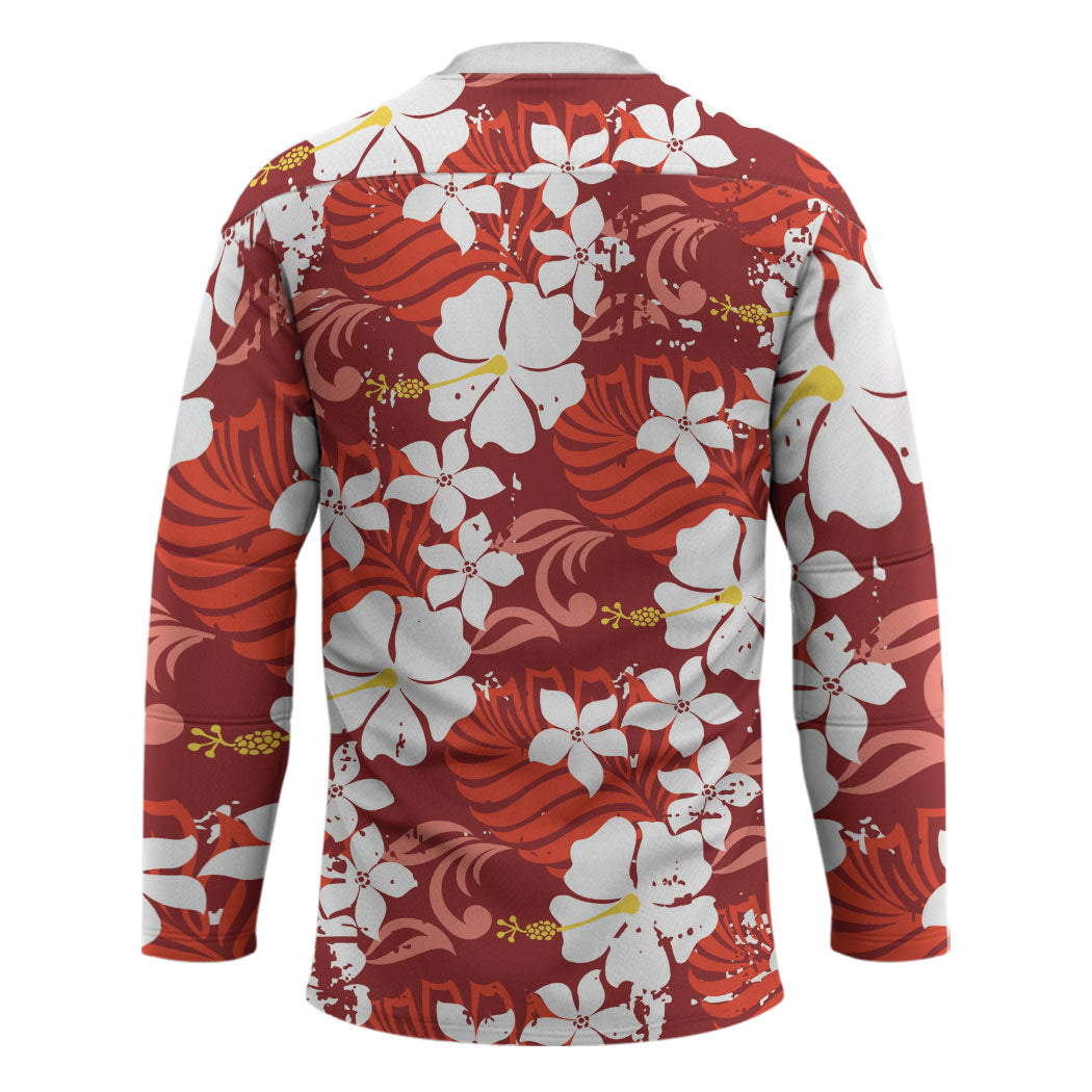 Red Hawaiian Hibiscus Monstera Hockey Jersey Grunge Stylized