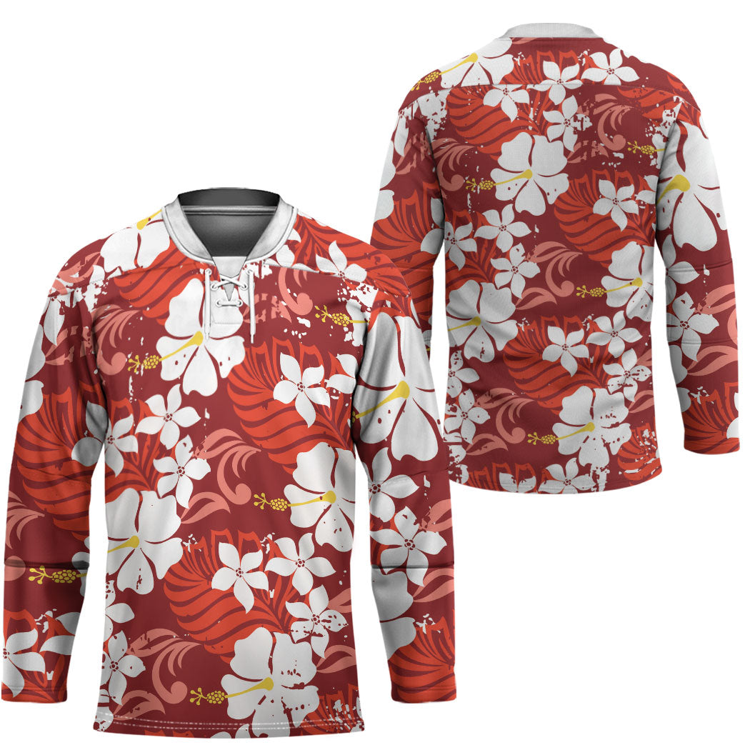 Red Hawaiian Hibiscus Monstera Hockey Jersey Grunge Stylized