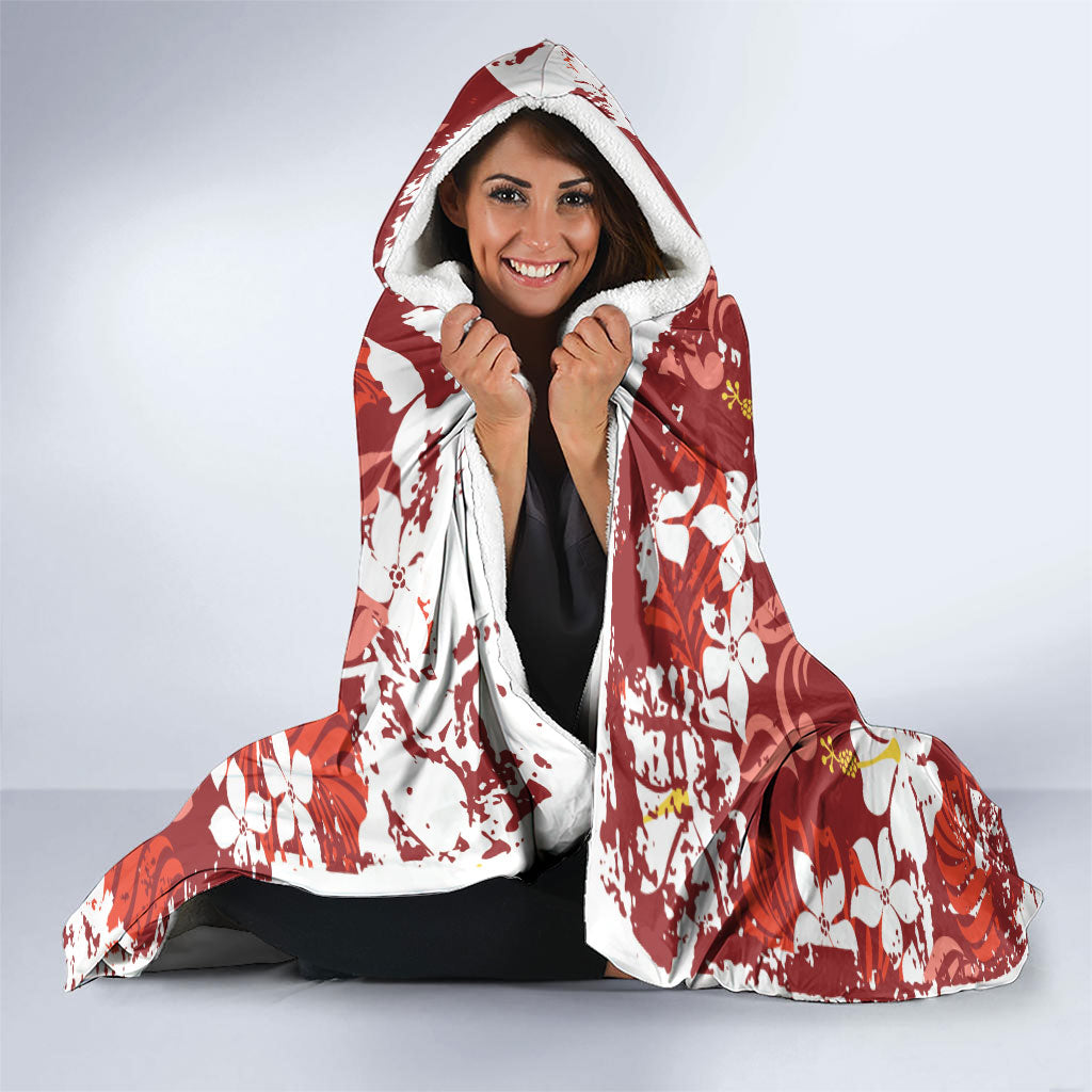 Red Hawaiian Hibiscus Monstera Hooded Blanket Grunge Stylized