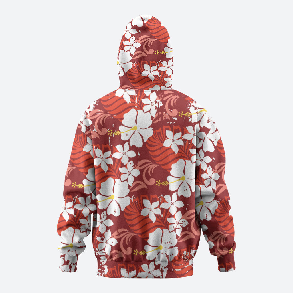 Red Hawaiian Hibiscus Monstera Hoodie Grunge Stylized