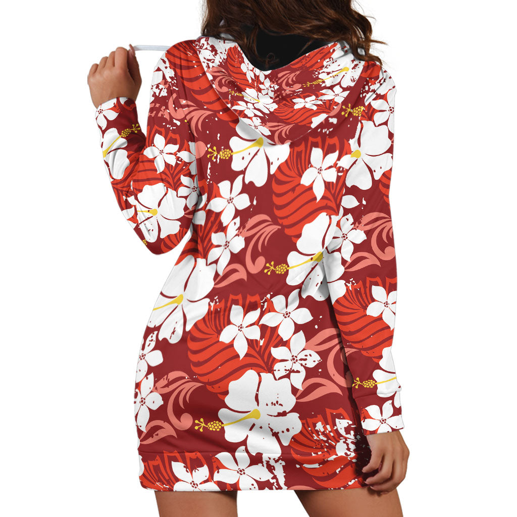 Red Hawaiian Hibiscus Monstera Hoodie Dress Grunge Stylized