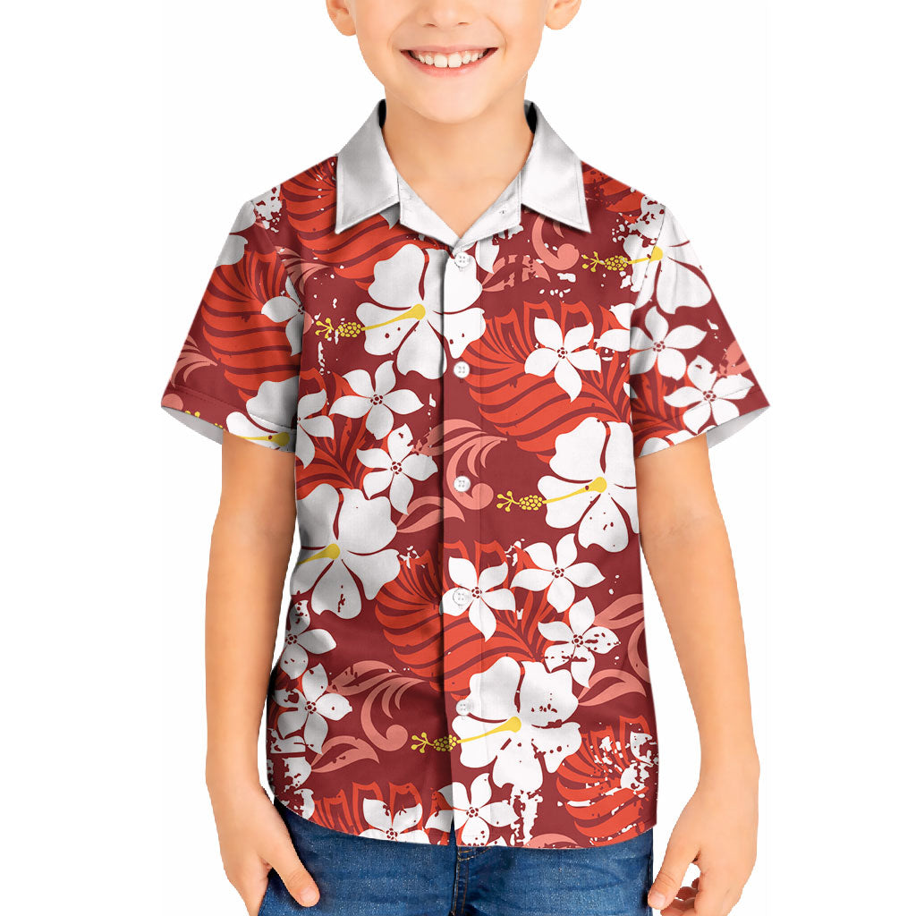 Red Hawaiian Hibiscus Monstera Kid Hawaiian Shirt Grunge Stylized LT01 Kid Red - Polynesian Pride