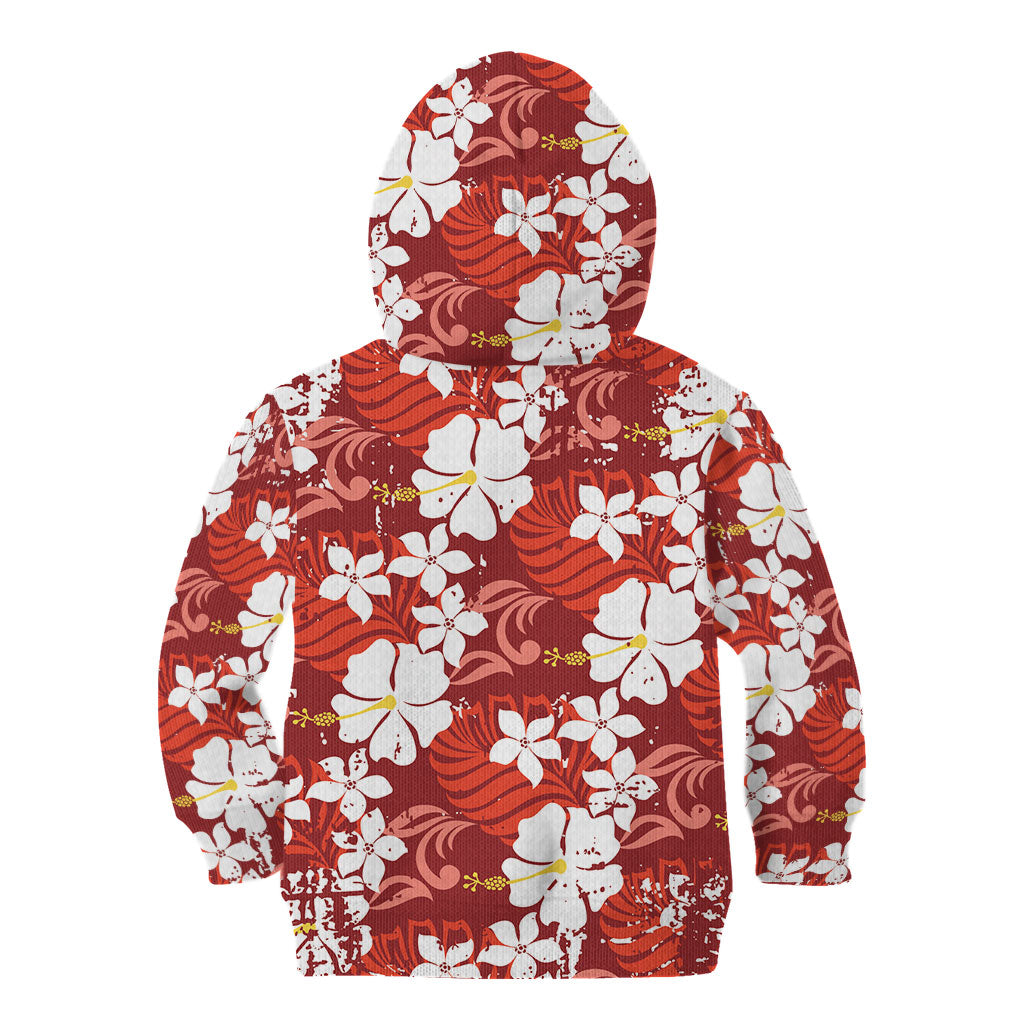 Red Hawaiian Hibiscus Monstera Kid Hoodie Grunge Stylized LT01 - Polynesian Pride