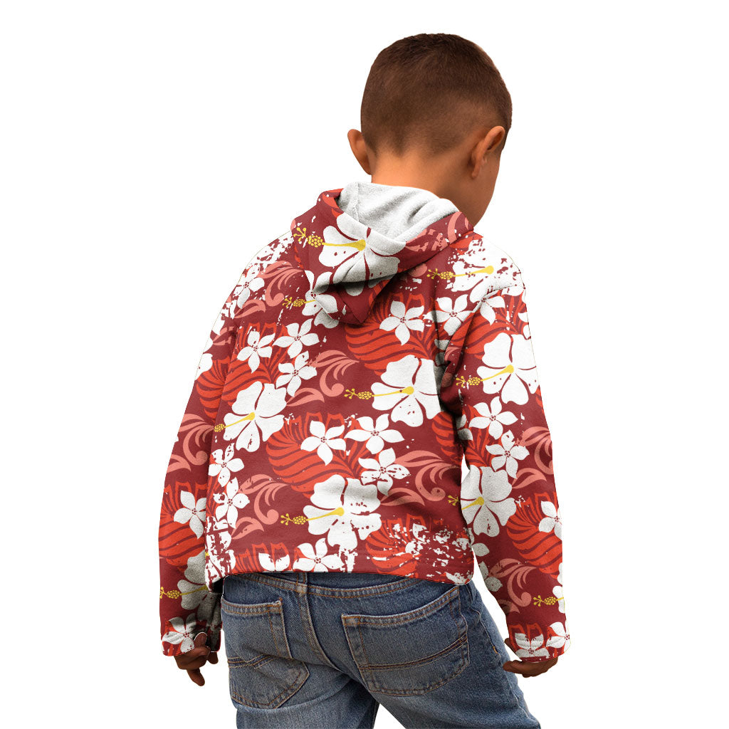 Red Hawaiian Hibiscus Monstera Kid Hoodie Grunge Stylized LT01 - Polynesian Pride