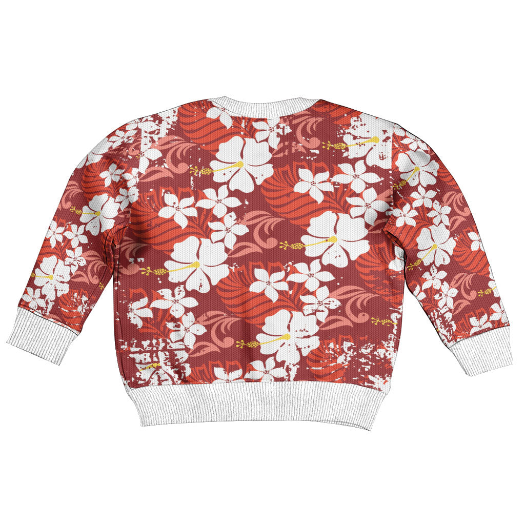 Red Hawaiian Hibiscus Monstera Kid Ugly Christmas Sweater Grunge Stylized LT01 - Polynesian Pride