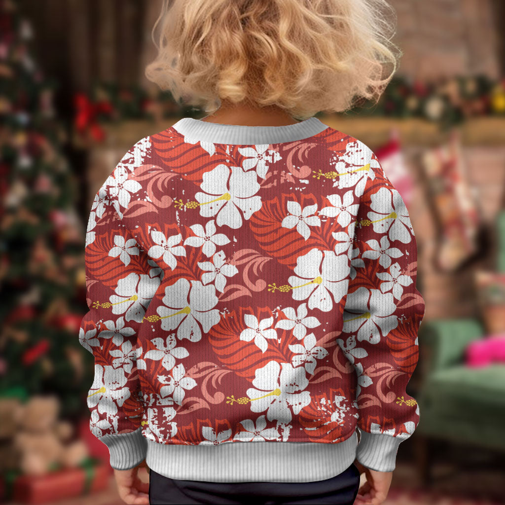 Red Hawaiian Hibiscus Monstera Kid Ugly Christmas Sweater Grunge Stylized LT01 - Polynesian Pride
