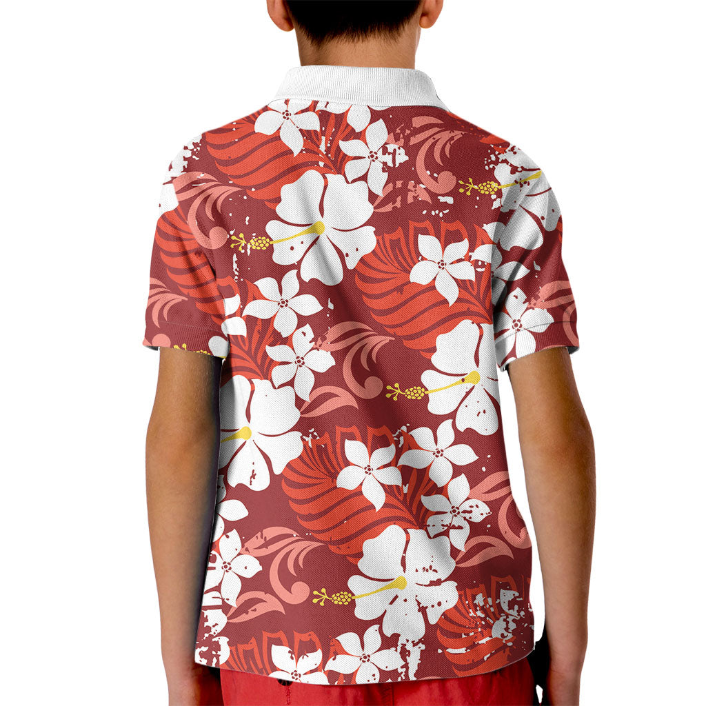 Red Hawaiian Hibiscus Monstera Kid Polo Shirt Grunge Stylized