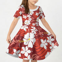 Red Hawaiian Hibiscus Monstera Kid Short Sleeve Dress Grunge Stylized