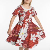 Red Hawaiian Hibiscus Monstera Kid Short Sleeve Dress Grunge Stylized