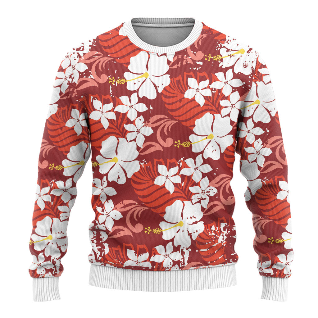 Red Hawaiian Hibiscus Monstera Ugly Christmas Sweater Grunge Stylized LT01 - Polynesian Pride