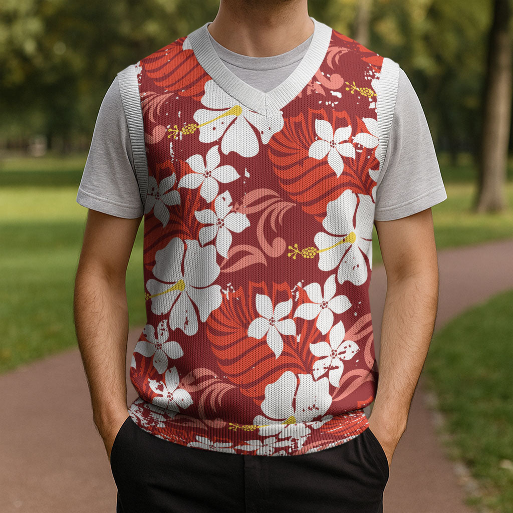 Red Hawaiian Hibiscus Monstera Christmas Knitted V-Neck Vest Grunge Stylized LT01 - Polynesian Pride