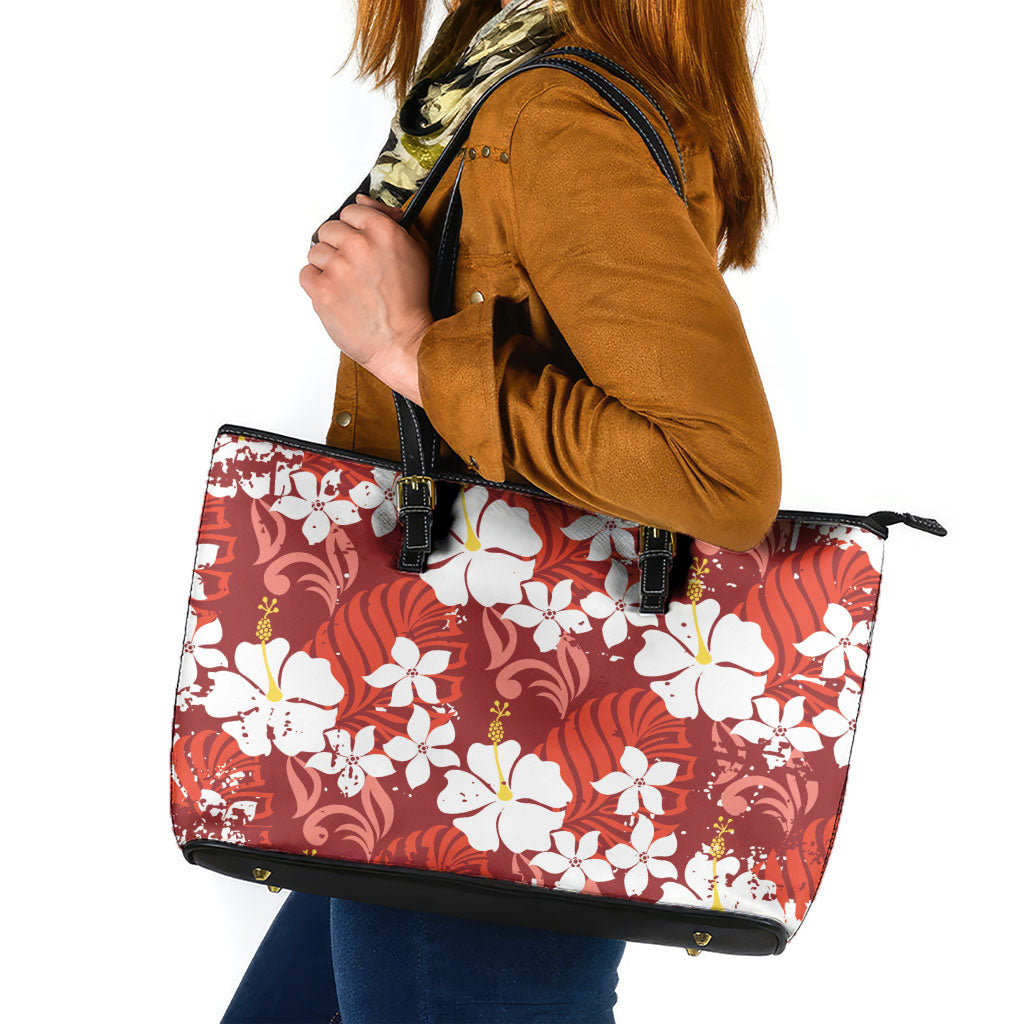 Red Hawaiian Hibiscus Monstera Leather Tote Bag Grunge Stylized