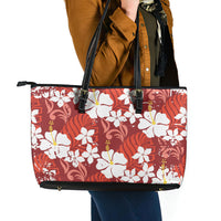 Red Hawaiian Hibiscus Monstera Leather Tote Bag Grunge Stylized