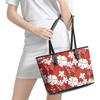 Red Hawaiian Hibiscus Monstera Leather Tote Bag Grunge Stylized