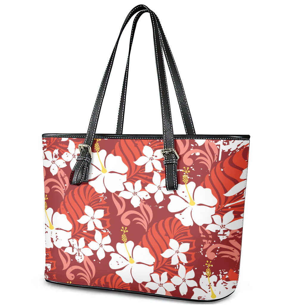Red Hawaiian Hibiscus Monstera Leather Tote Bag Grunge Stylized