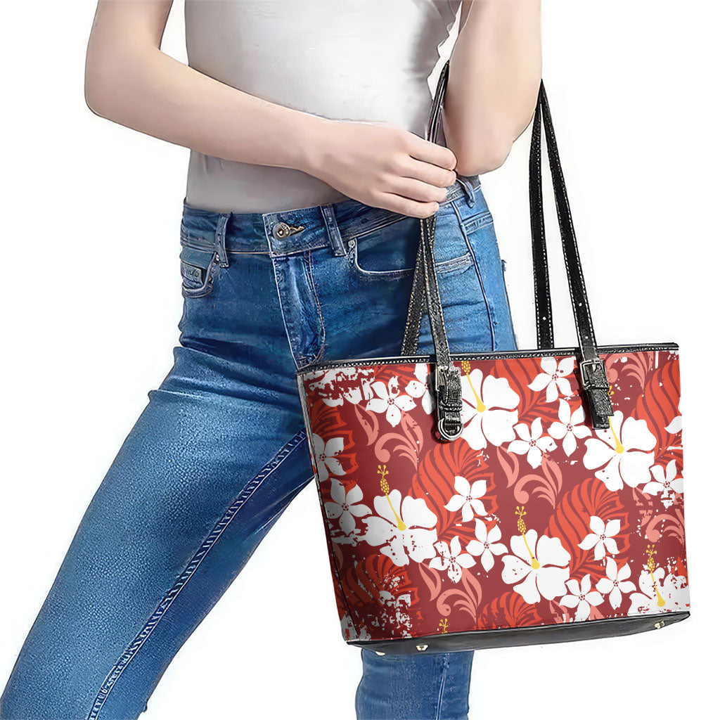 Red Hawaiian Hibiscus Monstera Leather Tote Bag Grunge Stylized