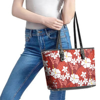Red Hawaiian Hibiscus Monstera Leather Tote Bag Grunge Stylized