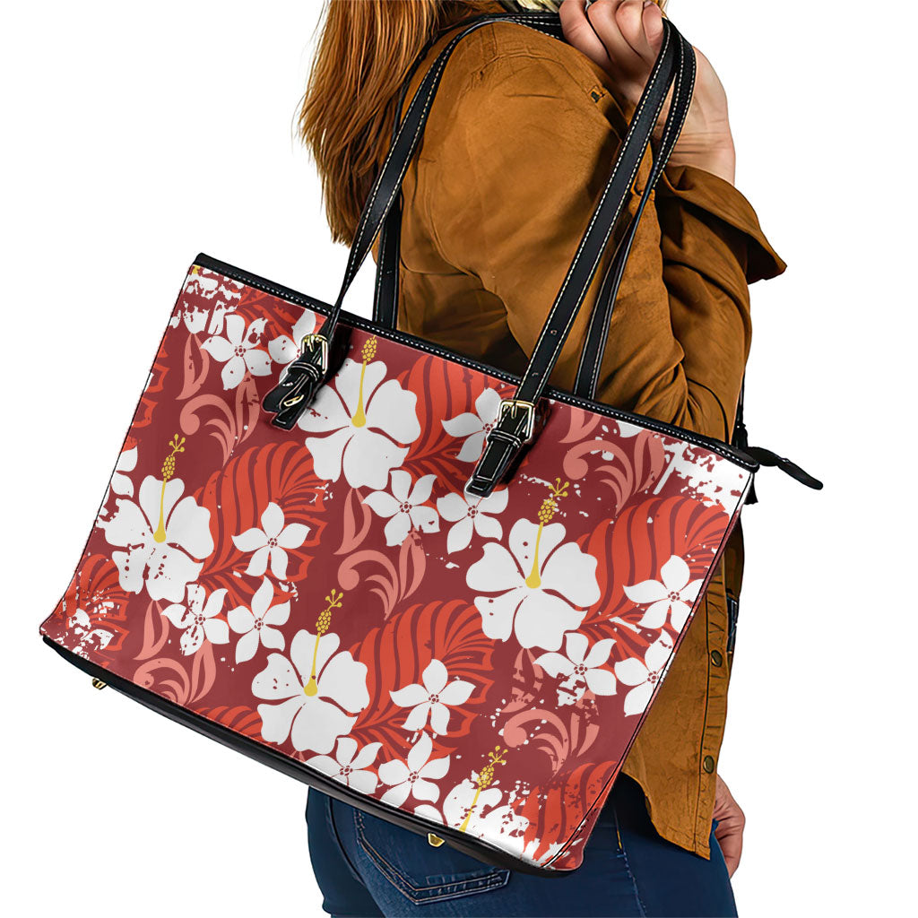 Red Hawaiian Hibiscus Monstera Leather Tote Bag Grunge Stylized