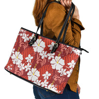Red Hawaiian Hibiscus Monstera Leather Tote Bag Grunge Stylized