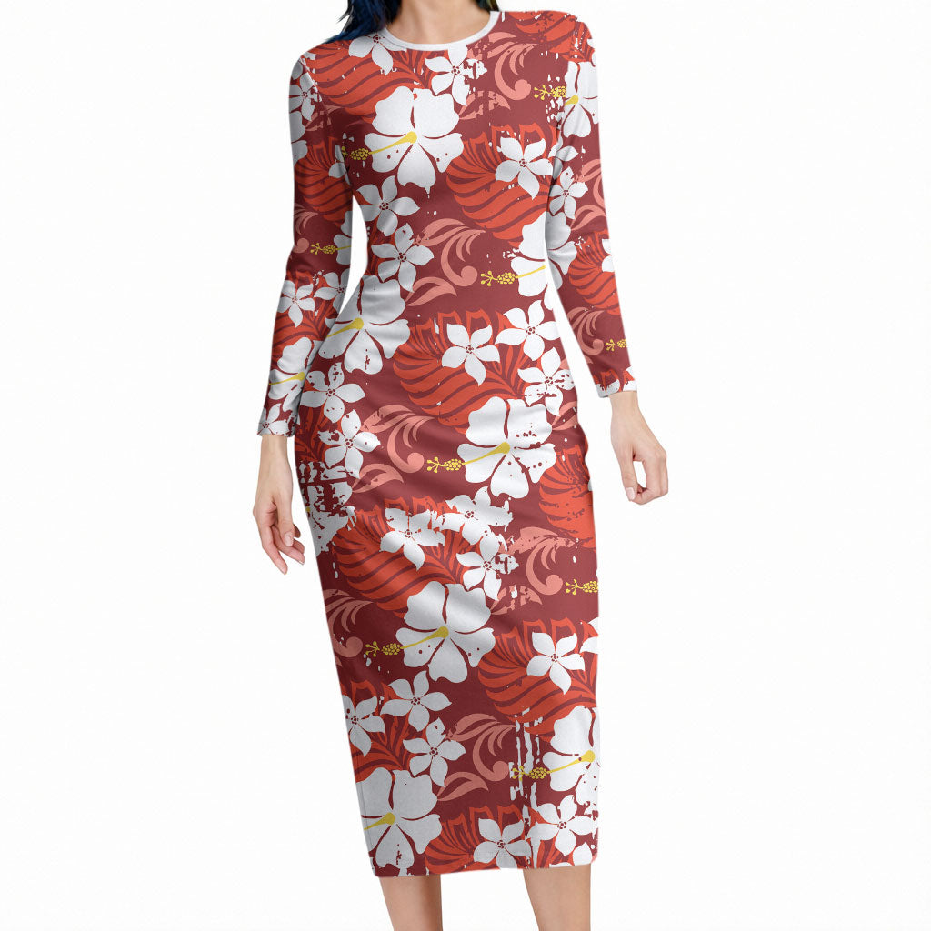 Red Hawaiian Hibiscus Monstera Long Sleeve Bodycon Dress Grunge Stylized