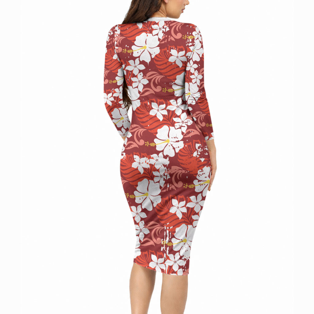 Red Hawaiian Hibiscus Monstera Long Sleeve Bodycon Dress Grunge Stylized