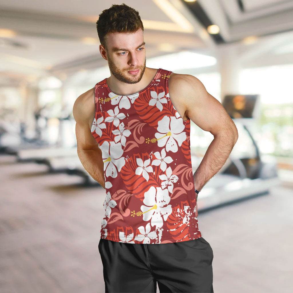 Red Hawaiian Hibiscus Monstera Men Tank Top Grunge Stylized LT01 Red - Polynesian Pride