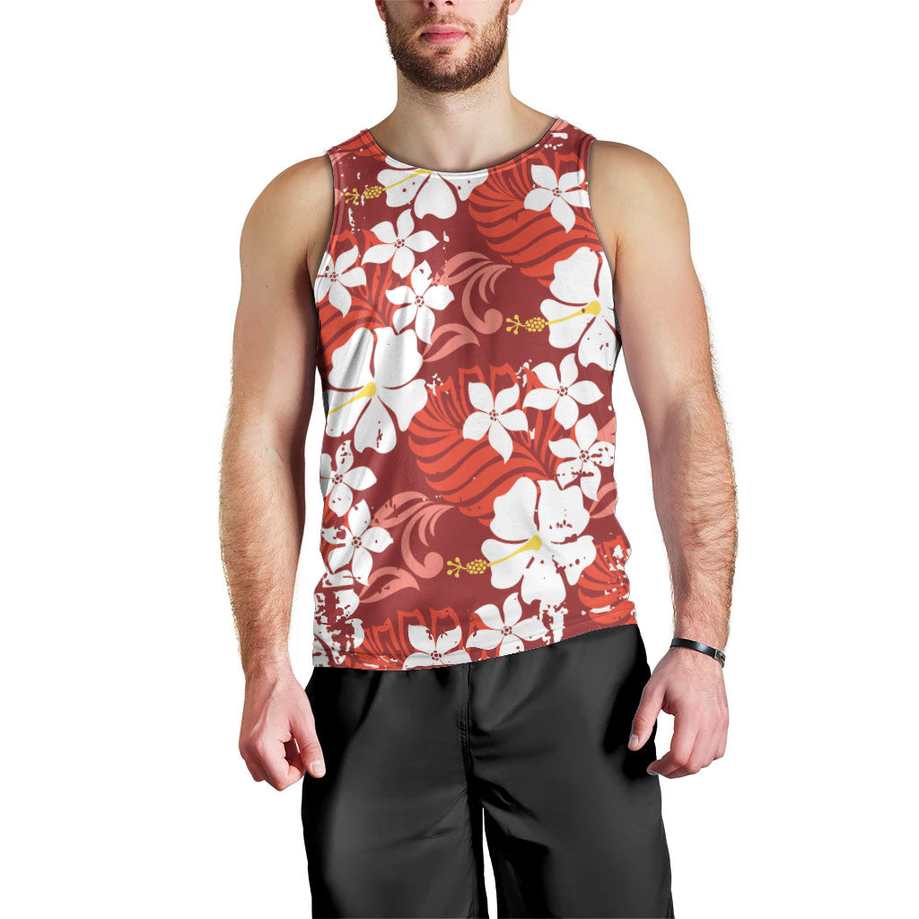 Red Hawaiian Hibiscus Monstera Men Tank Top Grunge Stylized LT01 - Polynesian Pride