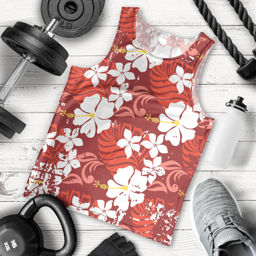 Red Hawaiian Hibiscus Monstera Men Tank Top Grunge Stylized LT01 - Polynesian Pride