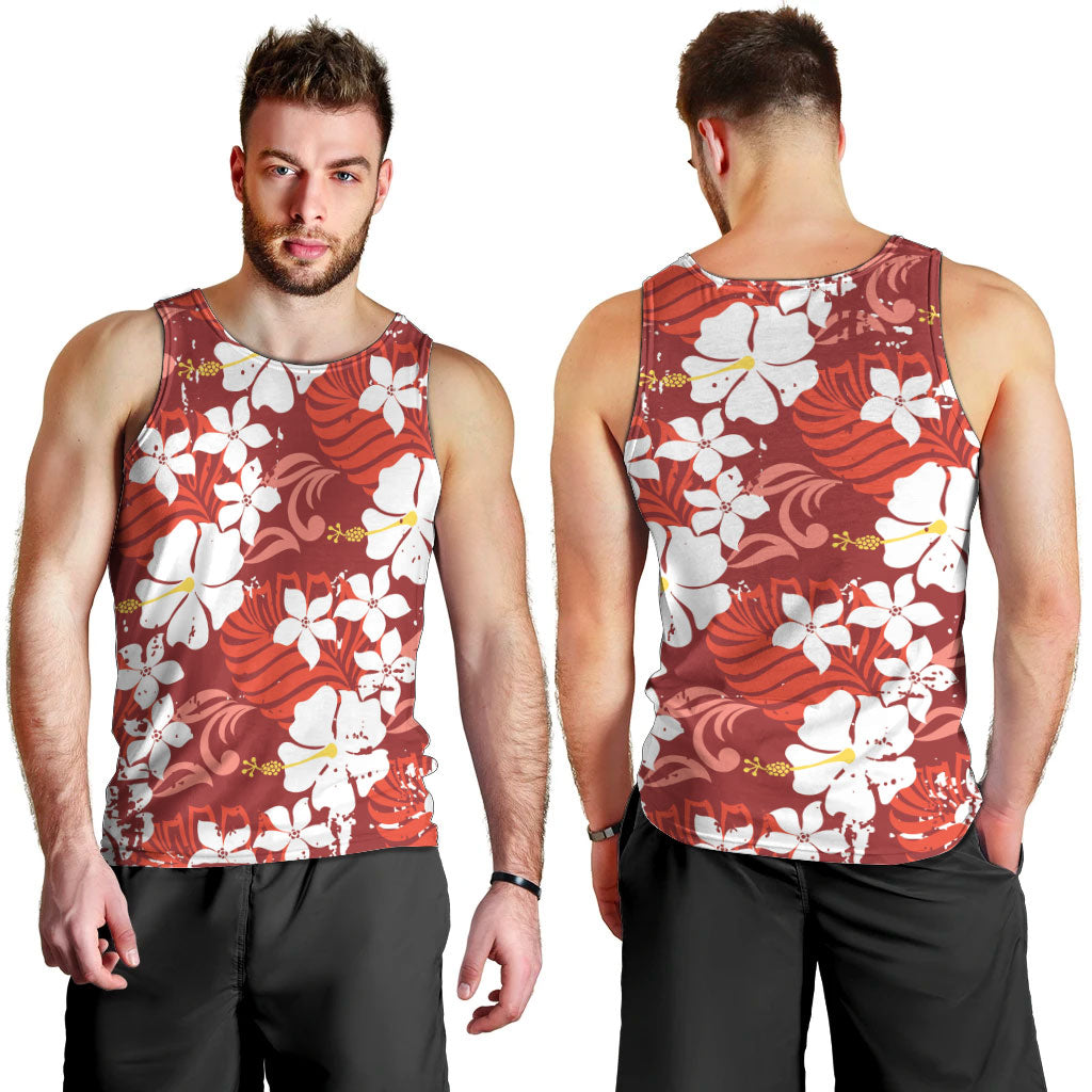 Red Hawaiian Hibiscus Monstera Men Tank Top Grunge Stylized LT01 - Polynesian Pride