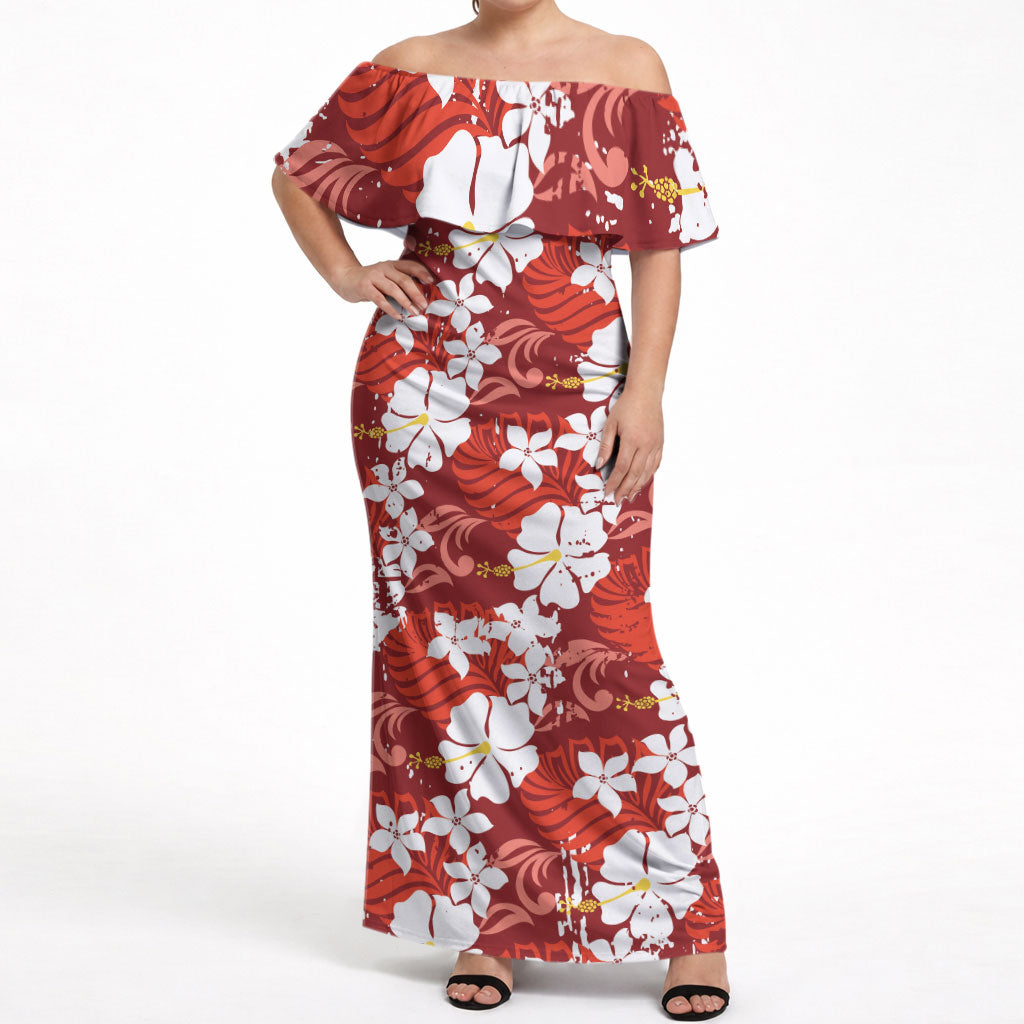 Red Hawaiian Hibiscus Monstera Off Shoulder Maxi Dress Grunge Stylized
