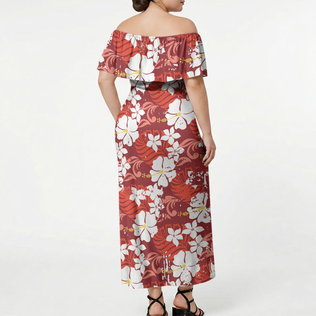 Red Hawaiian Hibiscus Monstera Off Shoulder Maxi Dress Grunge Stylized