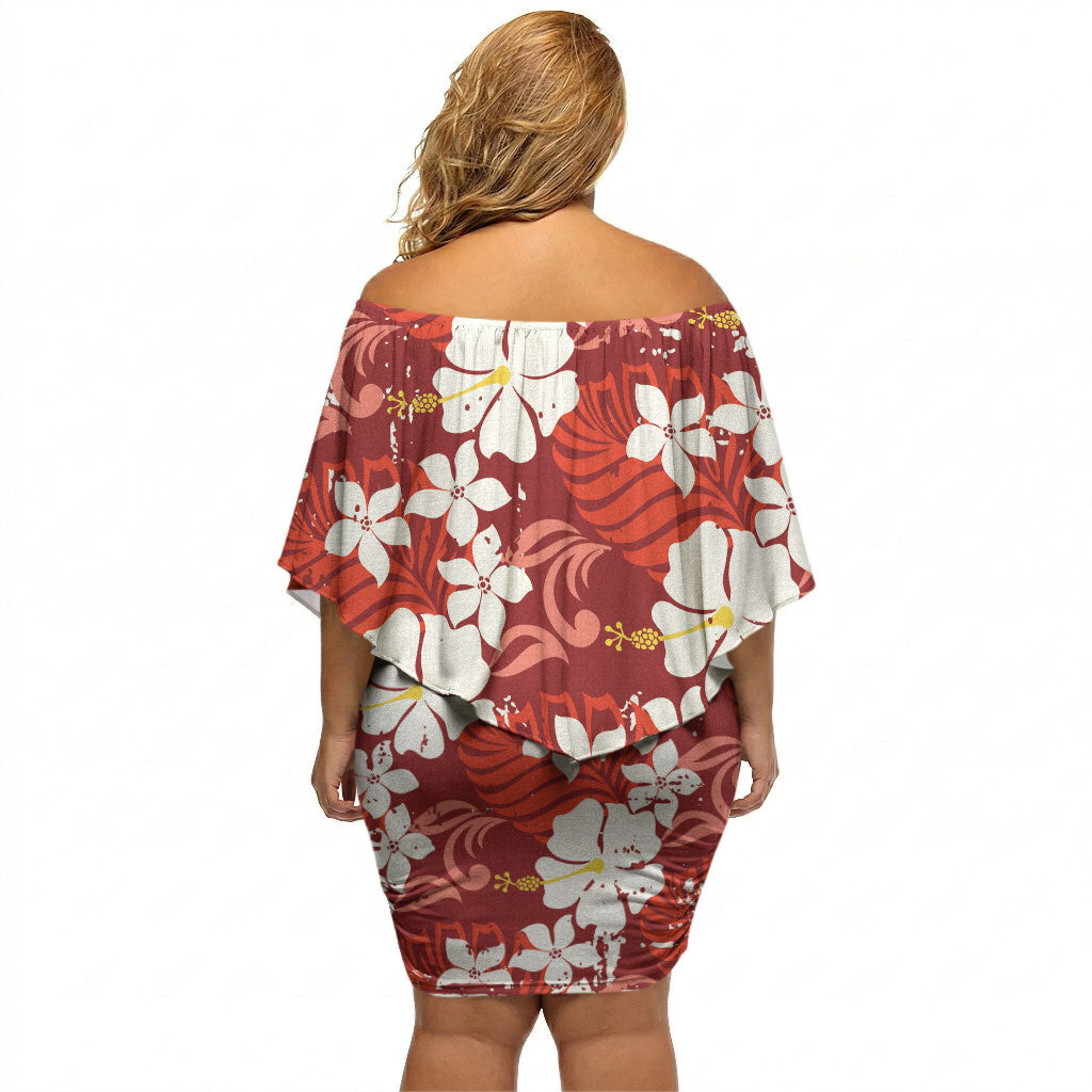 Red Hawaiian Hibiscus Monstera Off Shoulder Short Dress Grunge Stylized