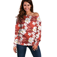 Red Hawaiian Hibiscus Monstera Off Shoulder Sweater Grunge Stylized