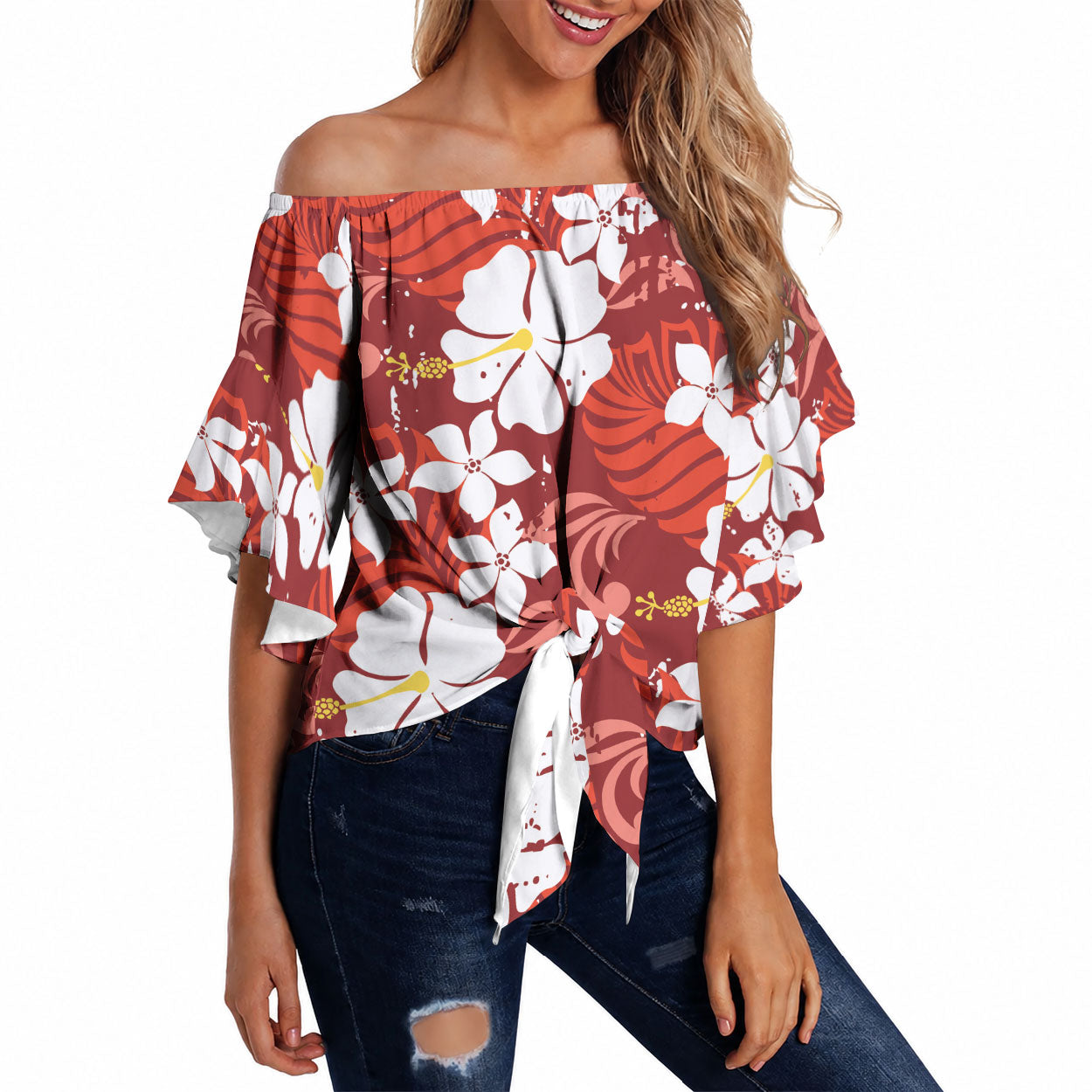 Red Hawaiian Hibiscus Monstera Off Shoulder Wrap Waist Top Grunge Stylized LT01 Red - Polynesian Pride