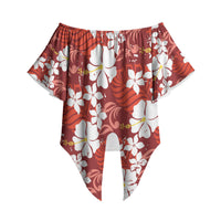 Red Hawaiian Hibiscus Monstera Off Shoulder Wrap Waist Top Grunge Stylized