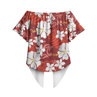 Red Hawaiian Hibiscus Monstera Off Shoulder Wrap Waist Top Grunge Stylized