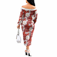 Red Hawaiian Hibiscus Monstera Off The Shoulder Long Sleeve Dress Grunge Stylized
