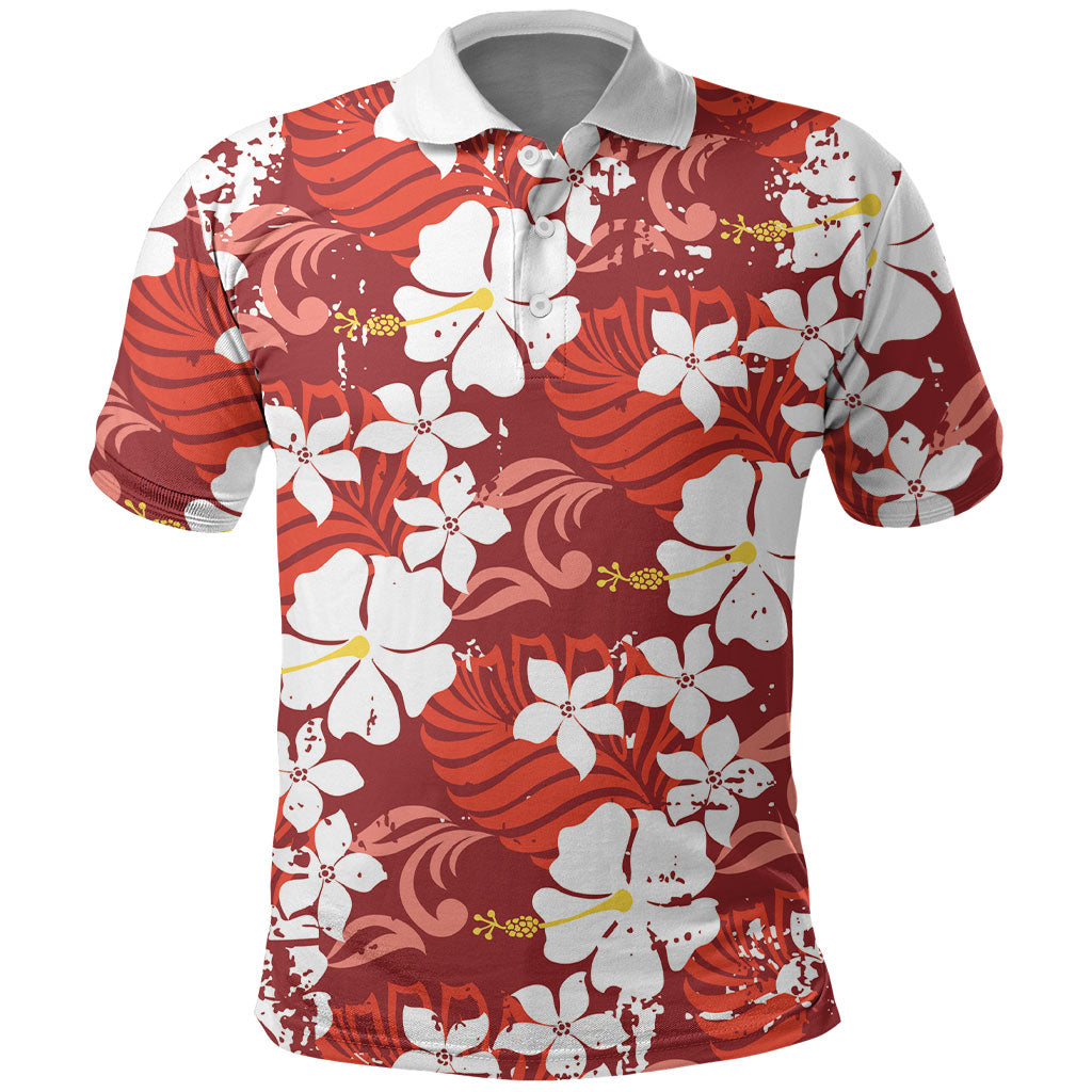 Red Hawaiian Hibiscus Monstera Polo Shirt Grunge Stylized