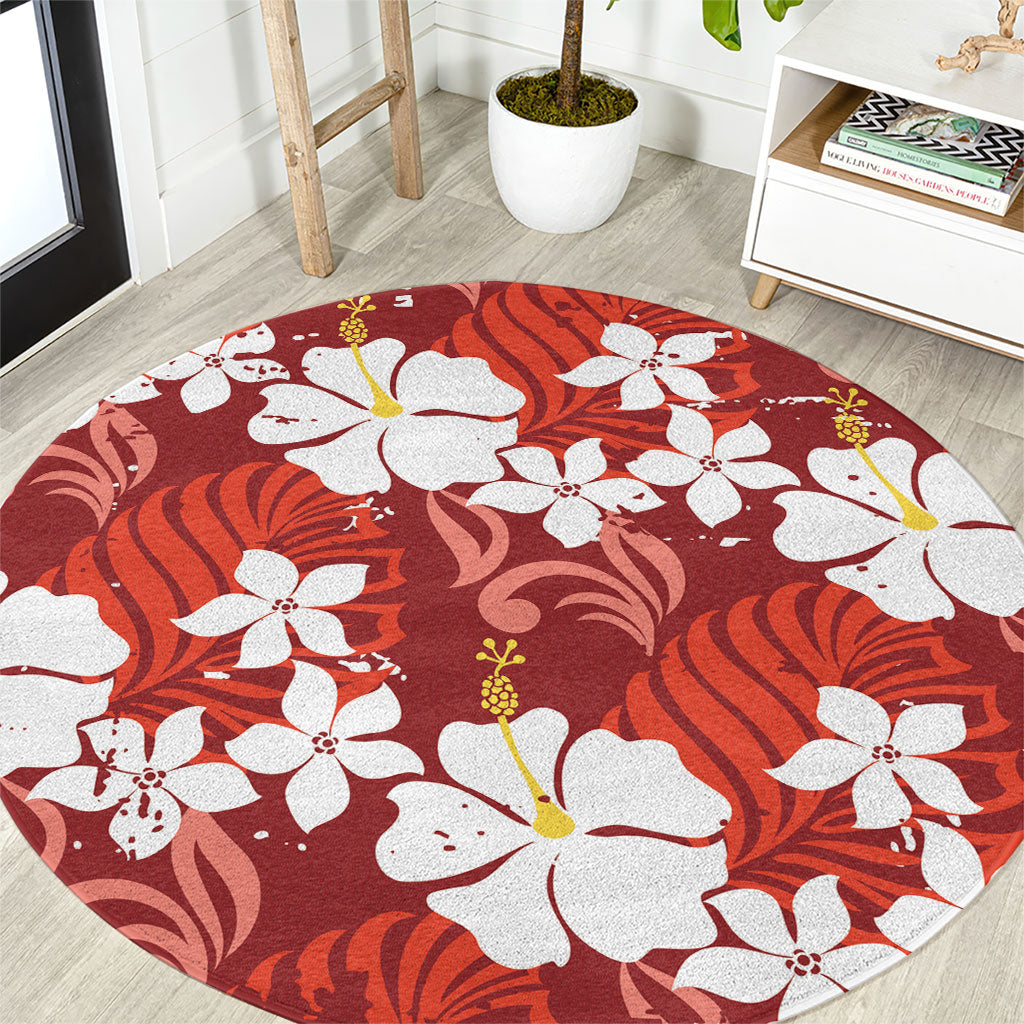 Red Hawaiian Hibiscus Monstera Round Carpet Grunge Stylized LT01 Red - Polynesian Pride