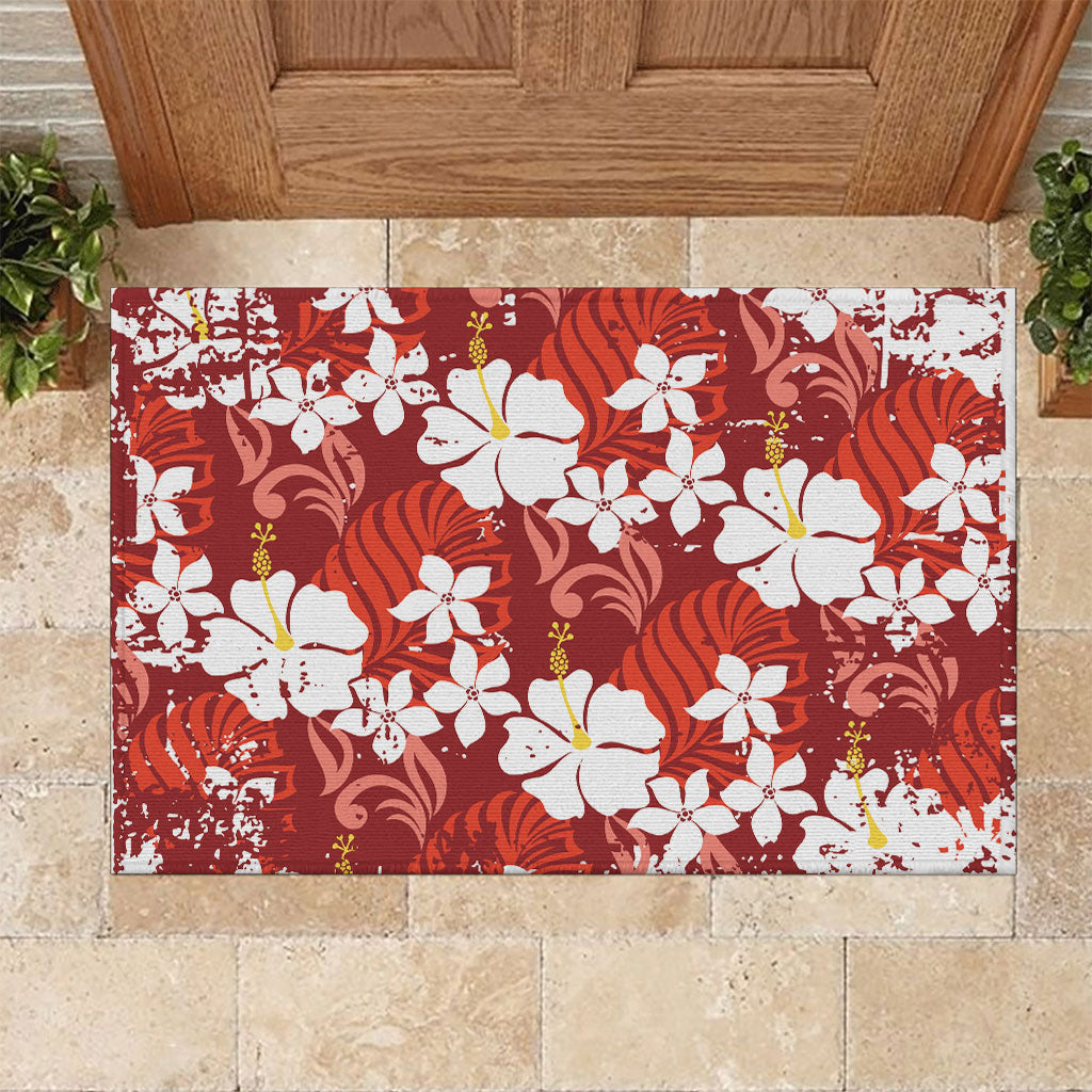 Red Hawaiian Hibiscus Monstera Rubber Doormat Grunge Stylized