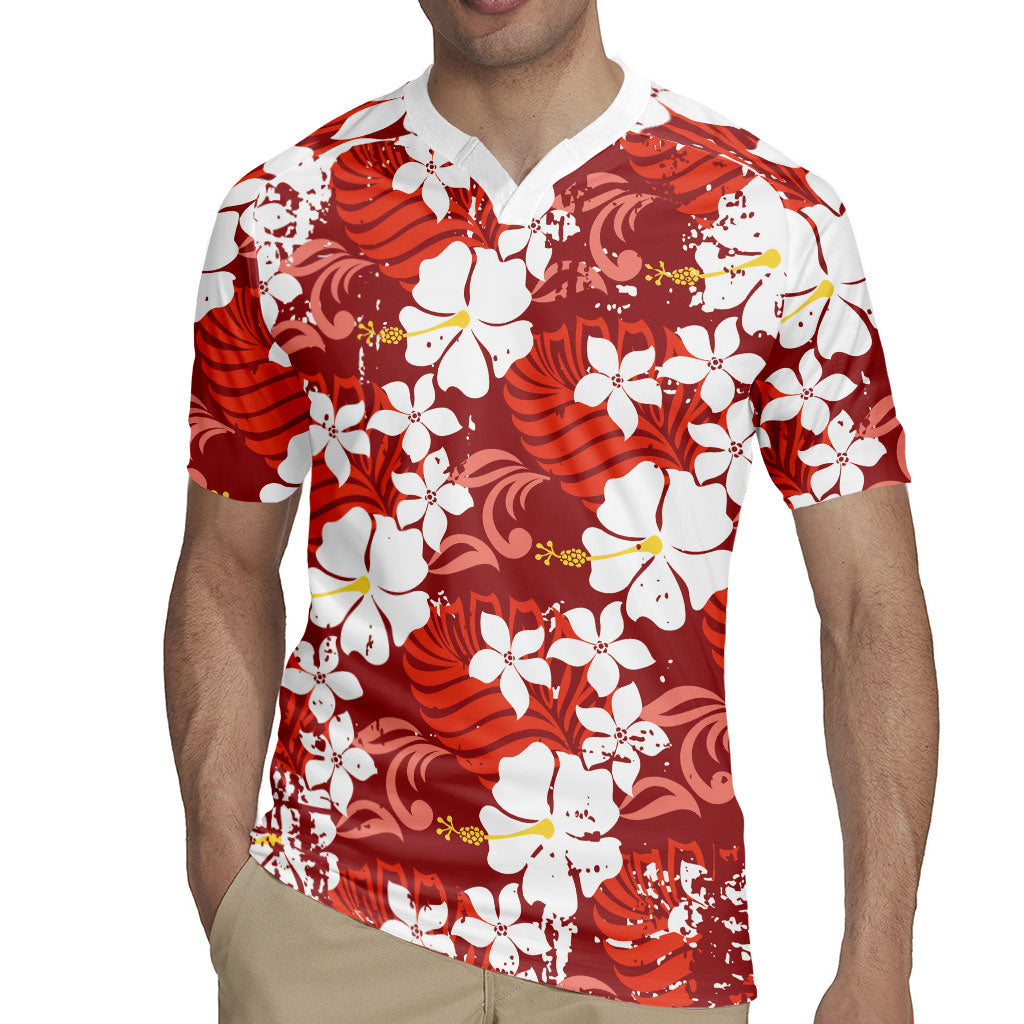 Red Hawaiian Hibiscus Monstera Rugby Jersey Grunge Stylized LT01 - Polynesian Pride